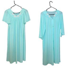 Vintage Shadowline Aqua Nylon Nightgown & Robe Silky Roses Embroidery Small Mcm